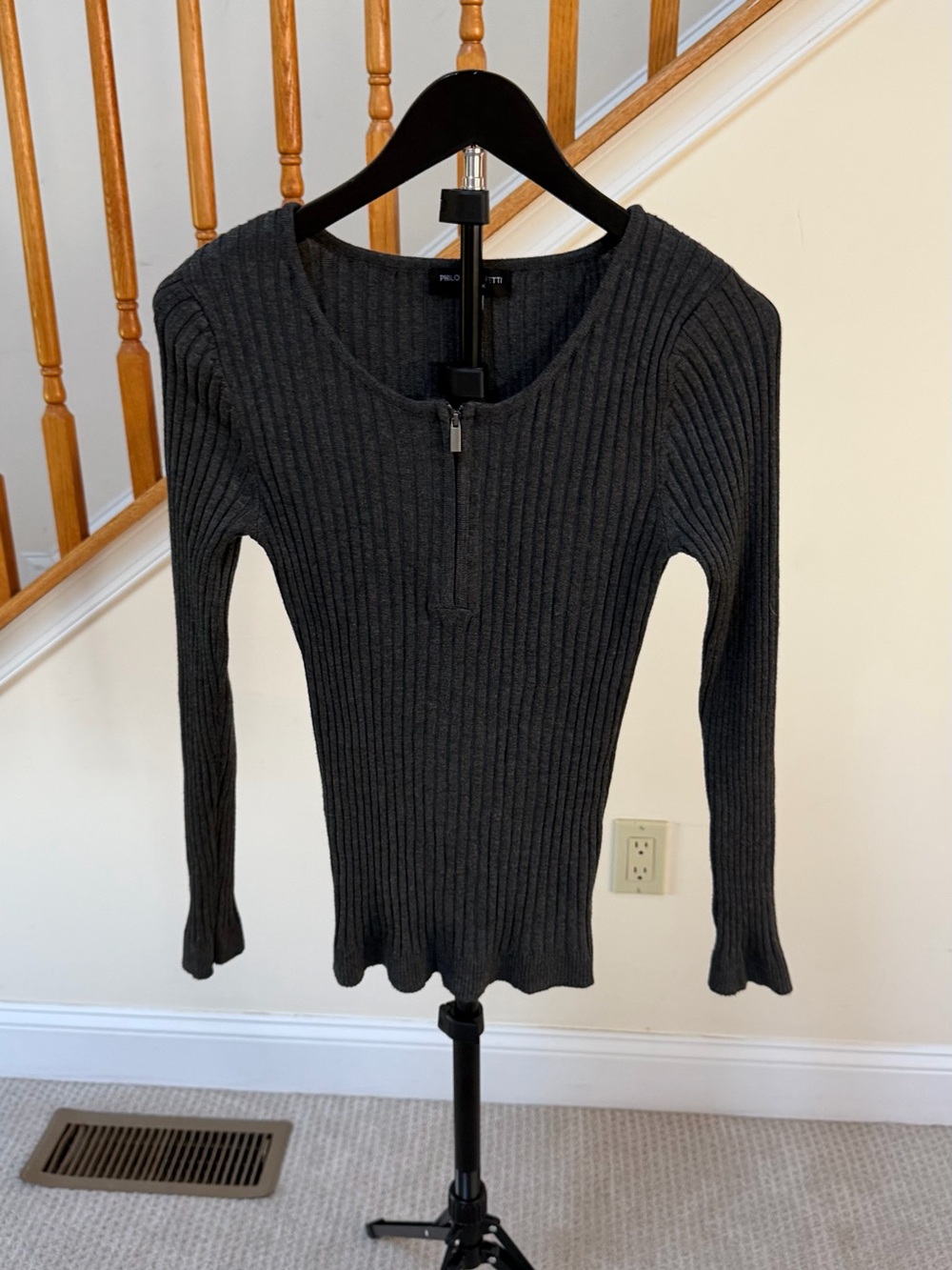 Ribbed Zip-Neck Long Sleeve Tee - Black